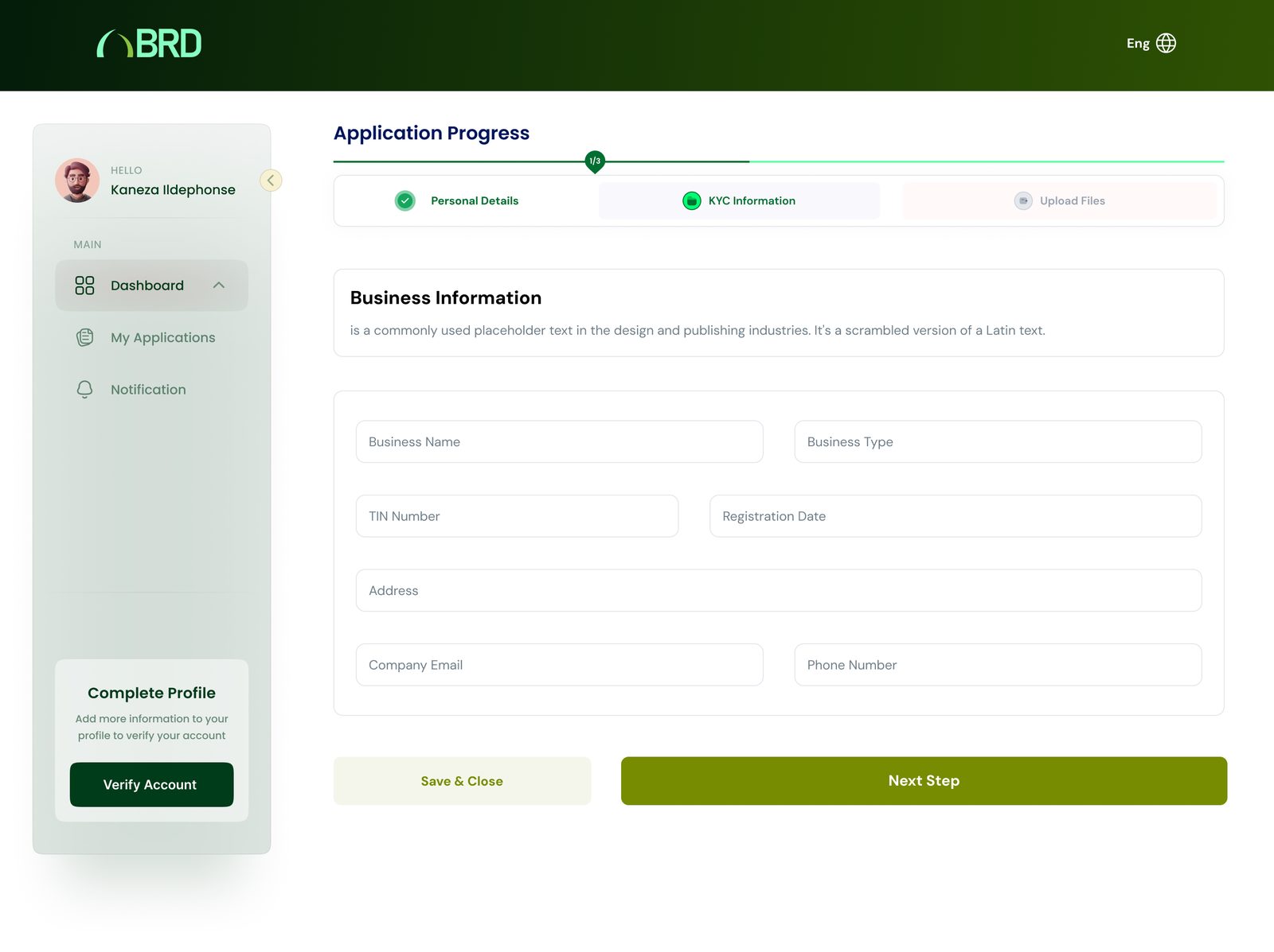 Application progress and business information