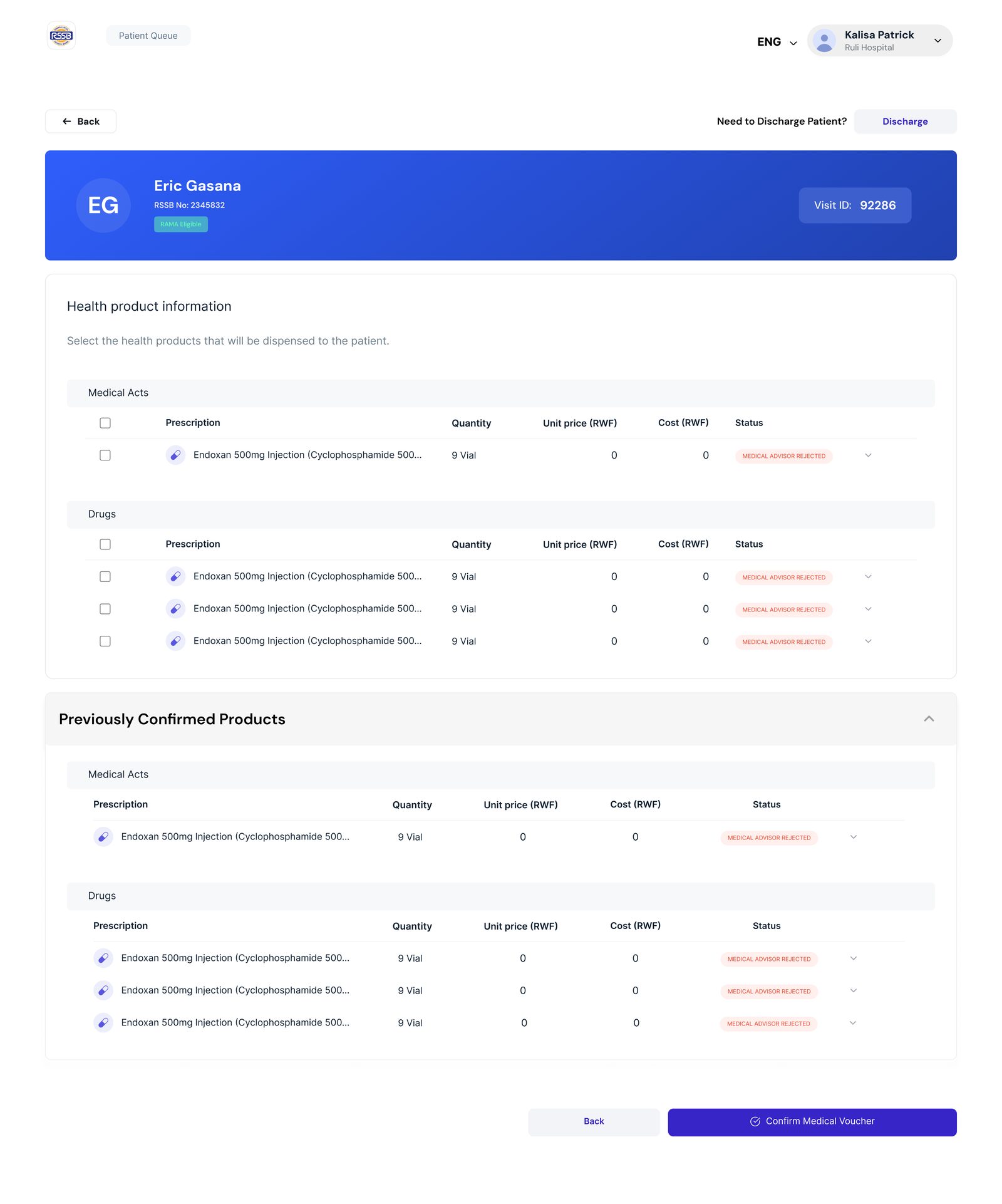 Health product selection with statuses and previously confirmed products