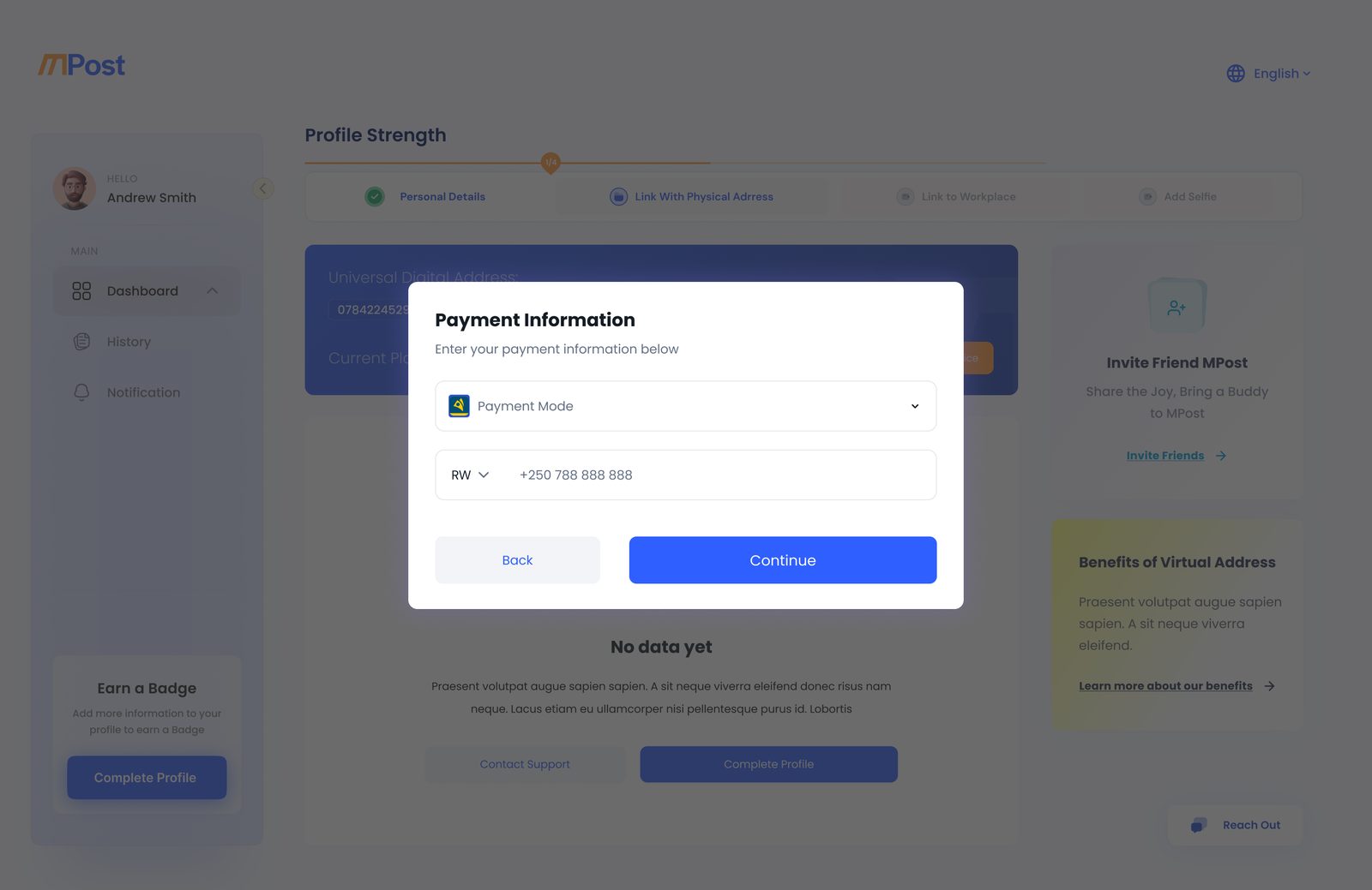Payment information modal