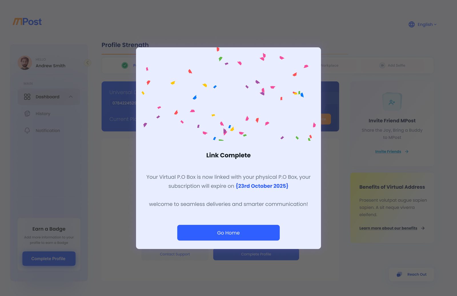 Link complete confirmation