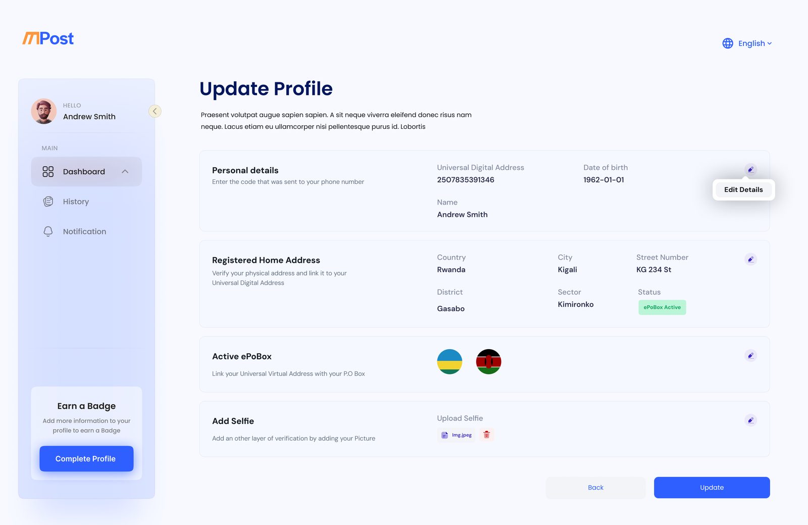 Update profile page