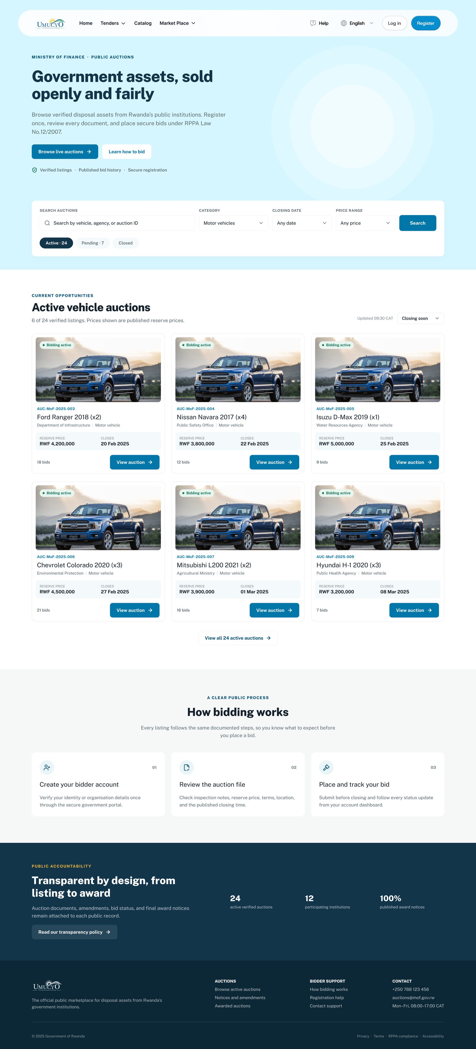 Disposal landing page with active vehicle auctions