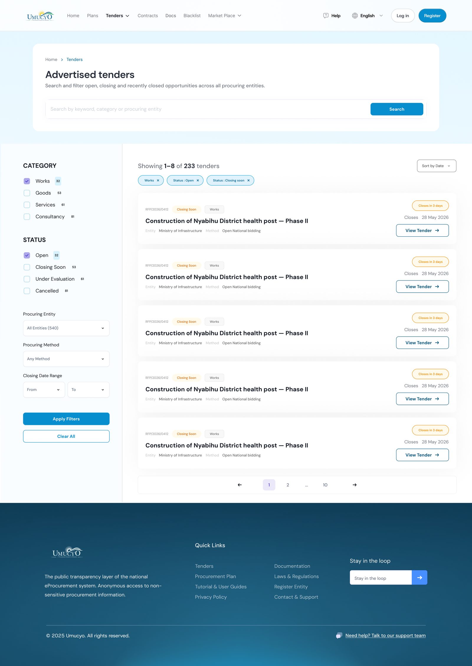 Advertised tenders page with filters